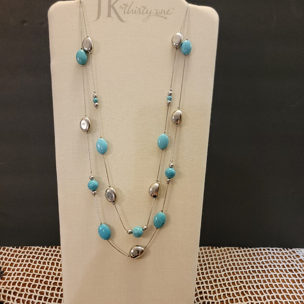 Faux Turqoise(Dyed Howlite) and Silvertone Double Strand Necklace